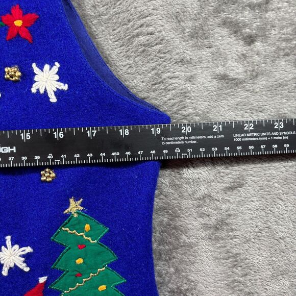Vintage Women Christmas Vest Wool Embroidered Snowman Tree Y2K 90s Blue Med J111 - Picture 5 of 8